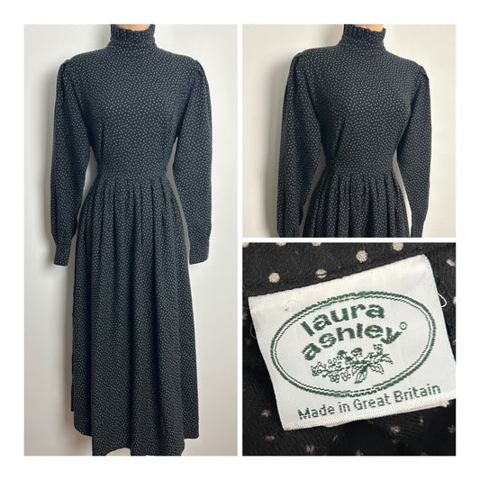 Vintage Early 1980s LAURA ASHLEY Size 12/14 (14 On Label) Black Polka Dot Tie Back Wool Mix Midi Dress