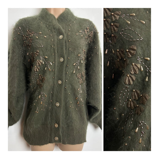 Vintage 1980s DIVA Up To Size 14 Olive Green 80% Angora & Embroidered Lead Detail Fully Lined Cardigan