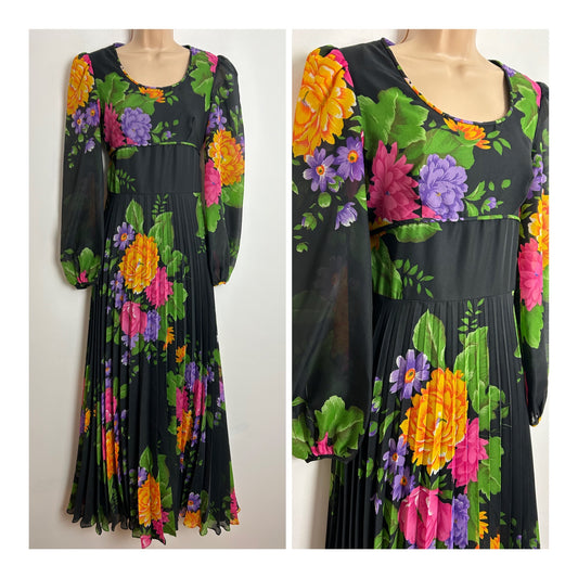 Vintage 70s PUSZTA UK Size 10 Black Orange Pink Purple & Green Floral Print Pleated Boho Maxi Dress