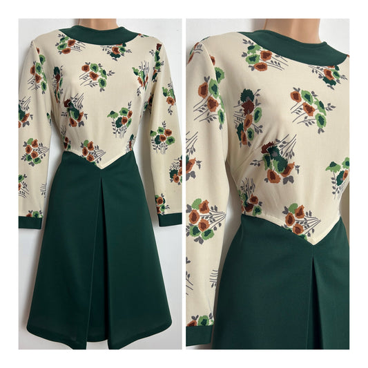 Vintage 1960s Size 10 Cream Green & Brown Floral Print Long Sleeve Mod Dress