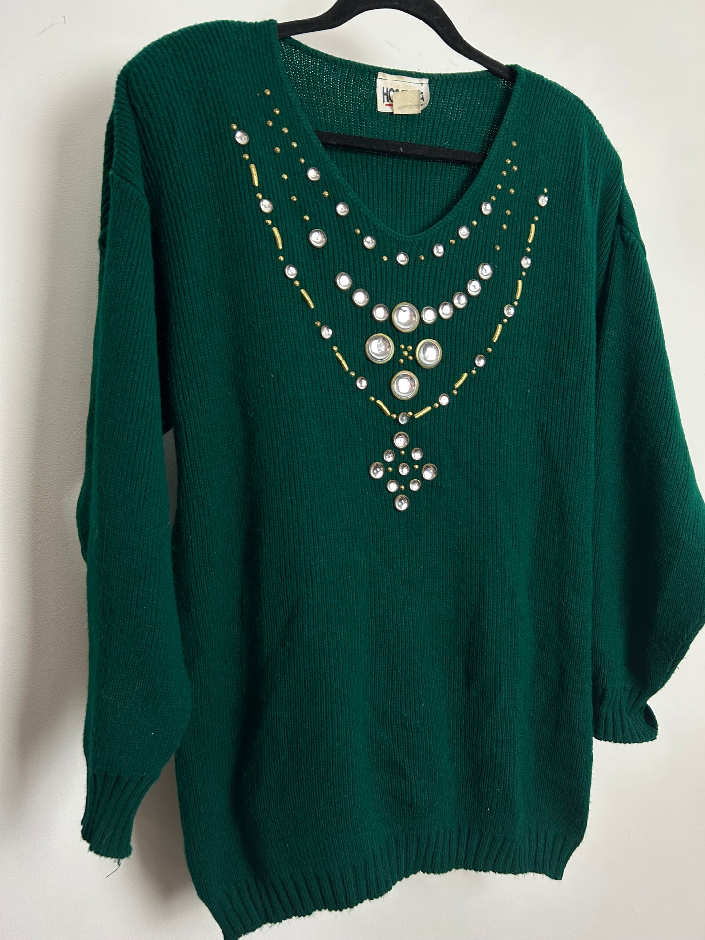 Vintage 1980s One Size Up To Size 18 Dark Green Jewel Bead Embellished Jumper