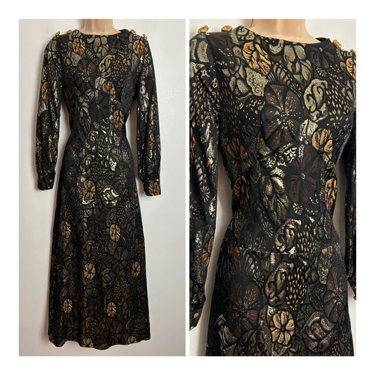 Vintage 1970s UK Size 8 Black Brown & Metallic Gold Floral Long Sleeve Brocade Occasion Evening Maxi Dress