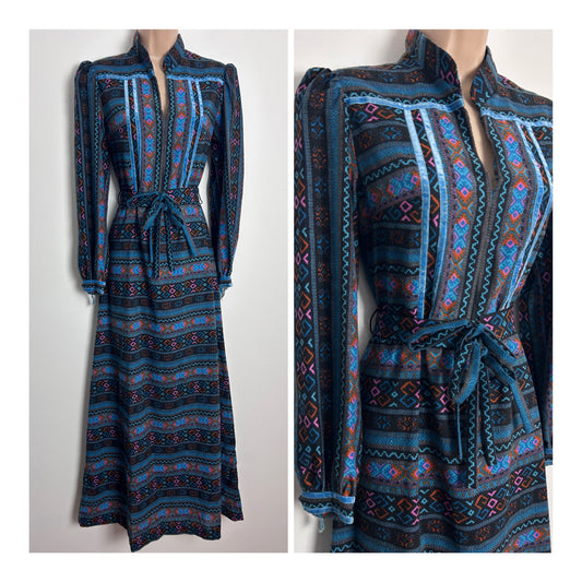 Vintage 1970s Size 8 Black Teal Rust & Pink Geo Print Velvet Ribbon Trim Belted Cotton Maxi Dress