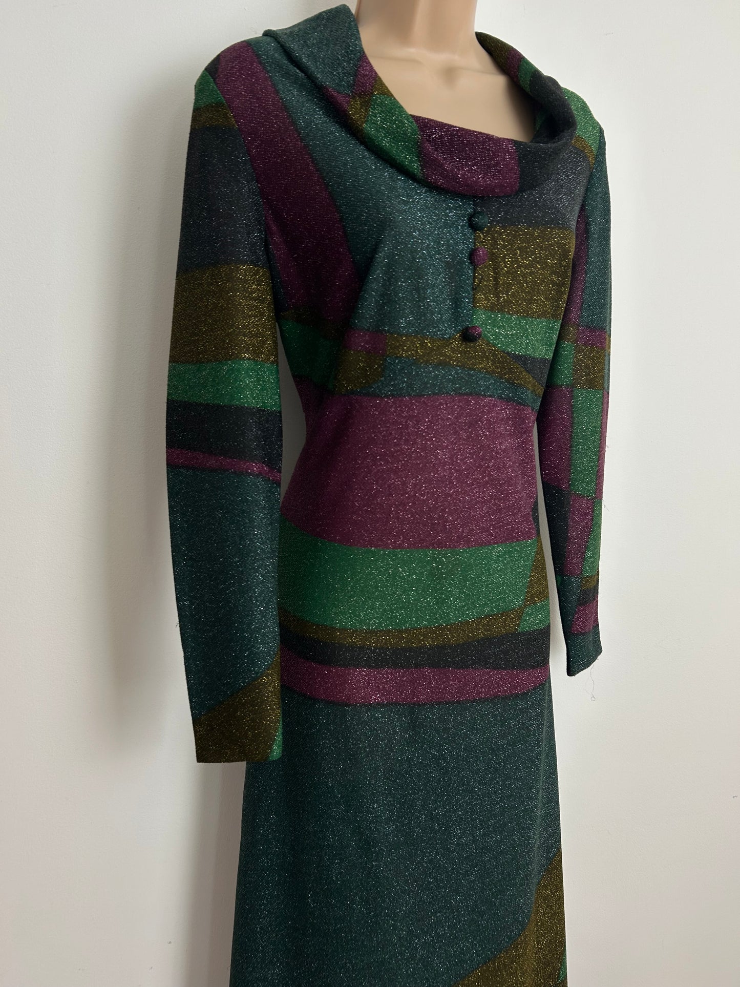 Vintage 1970s MARY WILSON Size 12 Green & Purple Stripe Lurex Long Sleeve Maxi Dress