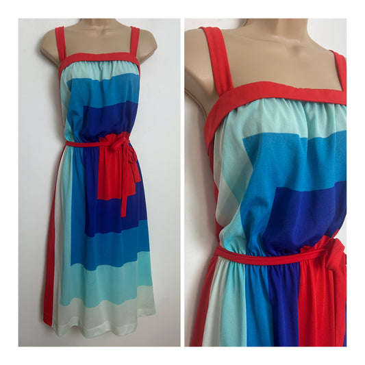 Vintage 1980s Size 12 Cute Blue Red & White Geo Square Print Belted Summer Day Dress