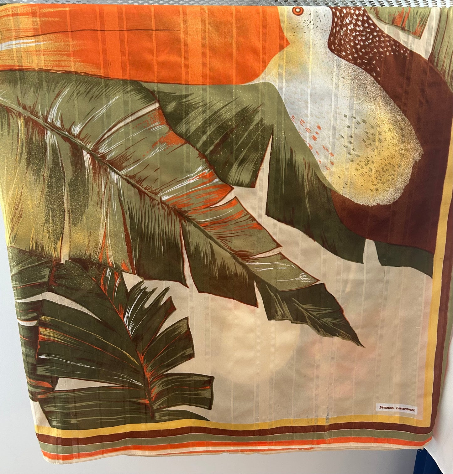 Vintage FRANCO LAURENTI Very large Green Orange & Cream Toucan Bird & Leaf Print Shawl/Scarf/Sarong