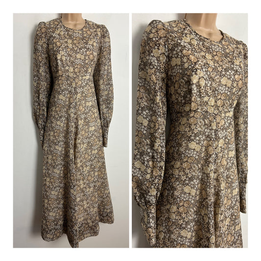 Vintage 1970s UK Size 10 Pretty Brown & Beige Floral Print Cotton Mix Long Sleeve Boho Maxi Dress