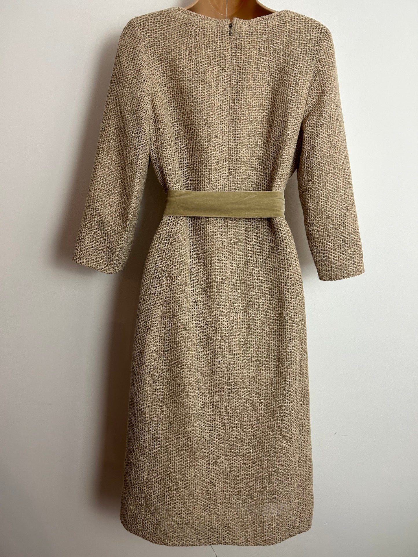 Vintage Early 1970s UK Size 12 Beige Waffle Fabric 3/4 Sleeve Velvet Belted Mod Dress