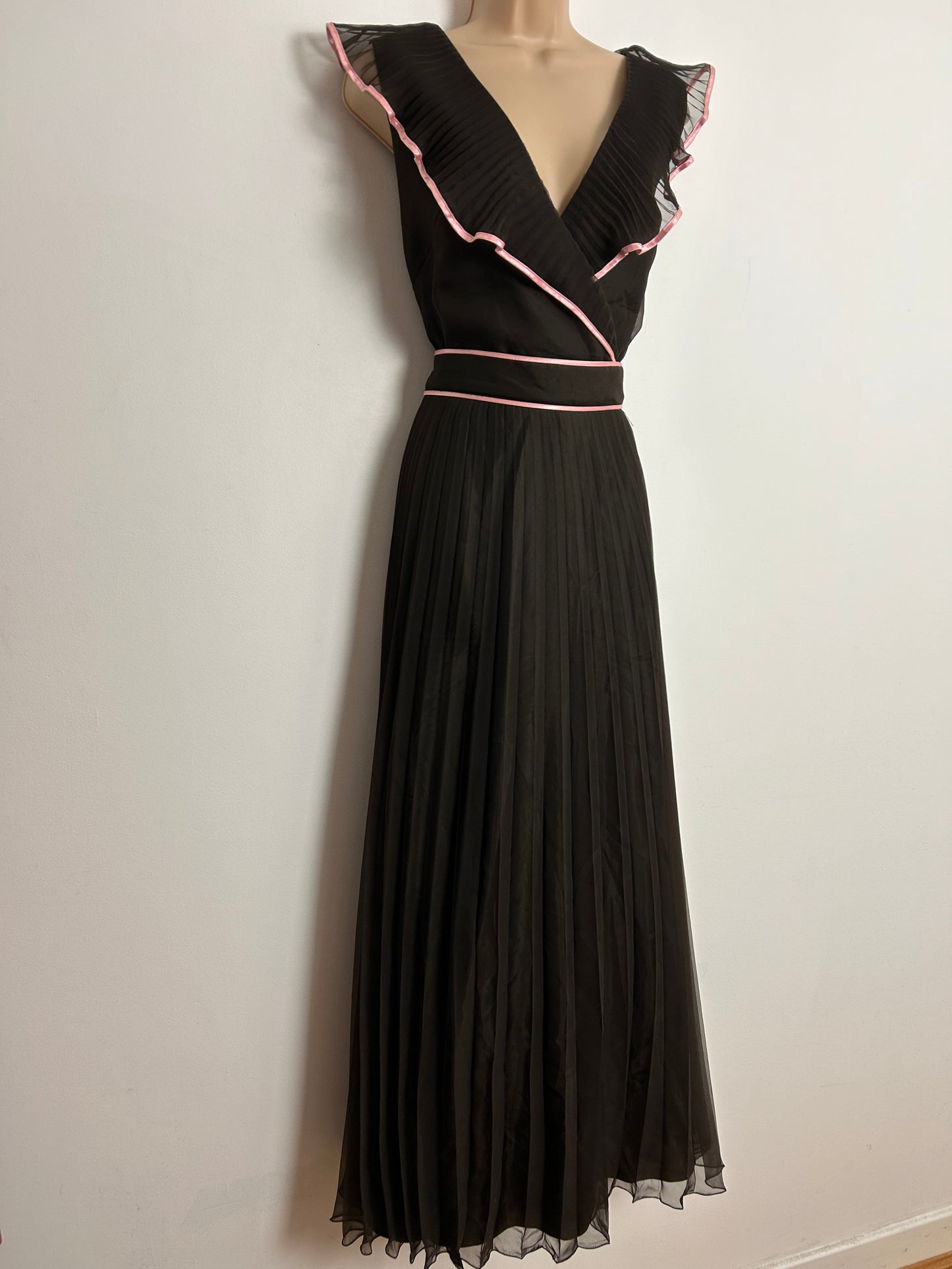 Vintage 1970s COCKTAIL HOFFMAN UK Size 12 Brown With Pink Trim Pleated Belted Occasion Dress