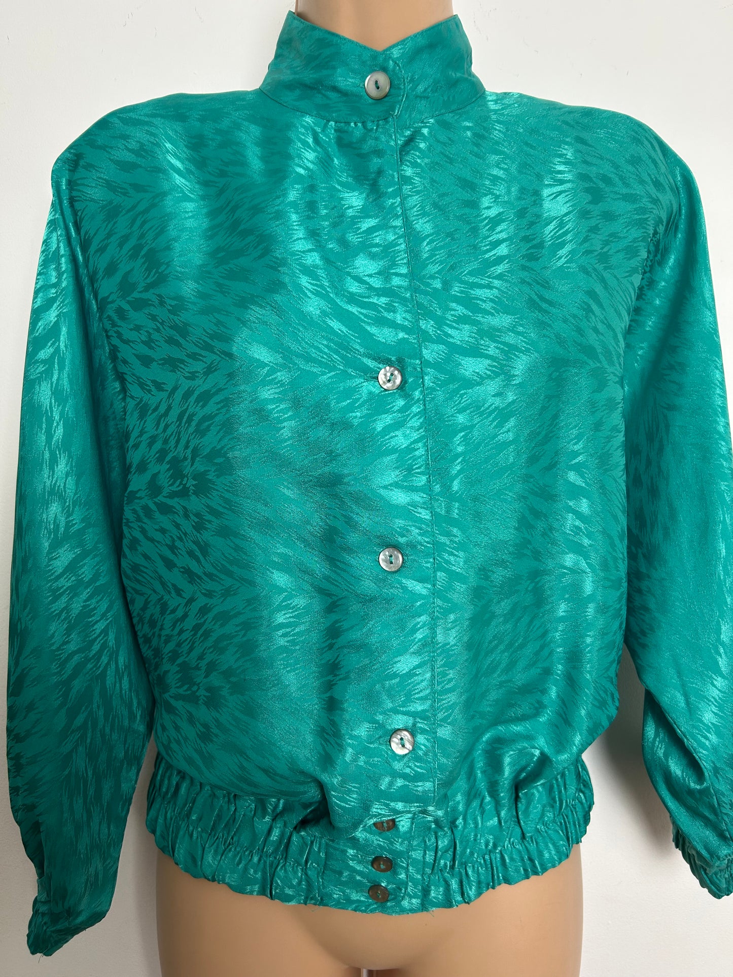 Vintage 1980s MARCO PECCI Size 14-16 Jade Green Animal Print Patterned Bat Wing Blouse