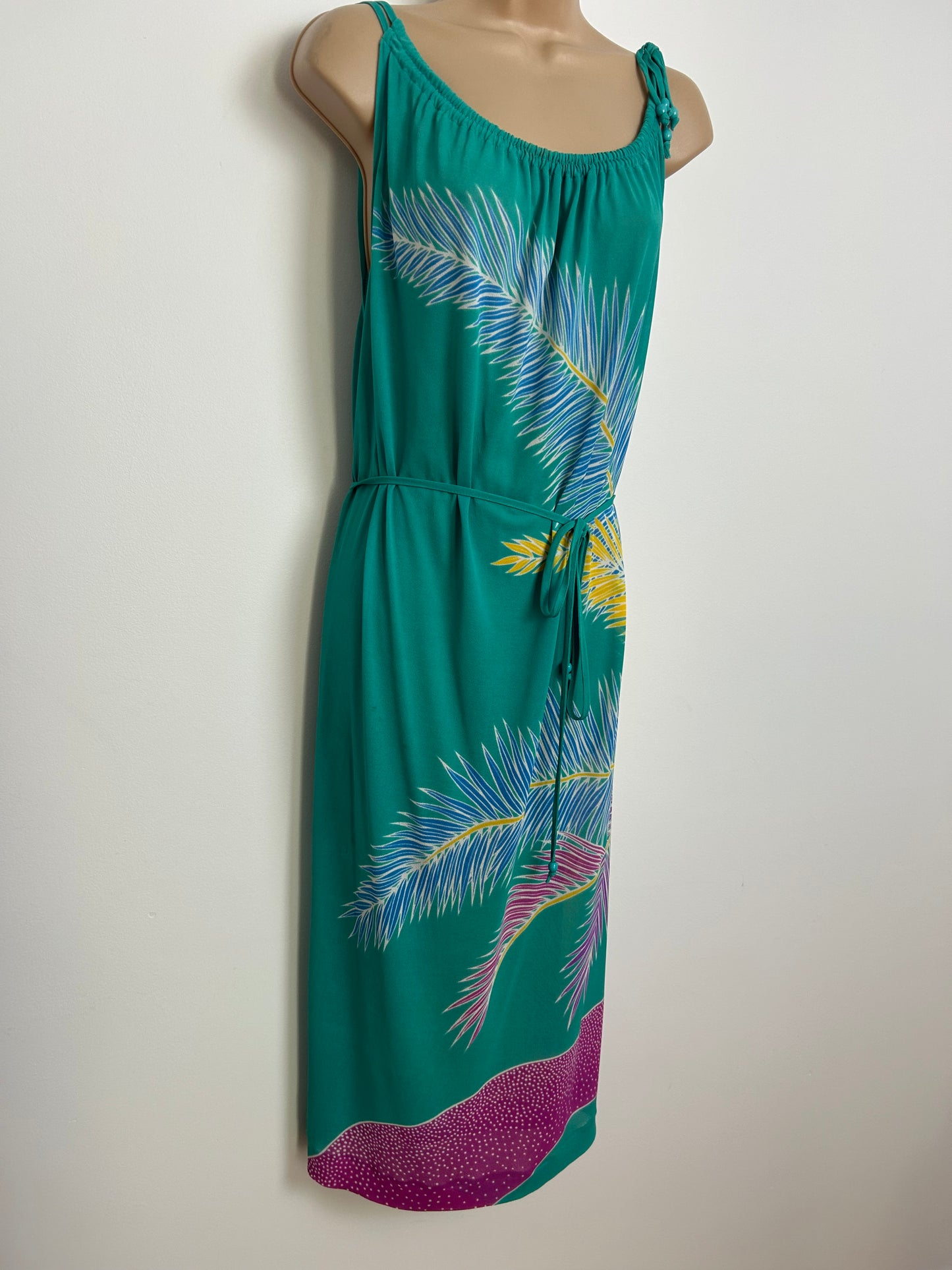 Vintage Early 1980s FURSTENBERG Size 12 Jade Green Blue Yellow & Pink Leaf Print Belted Sundress