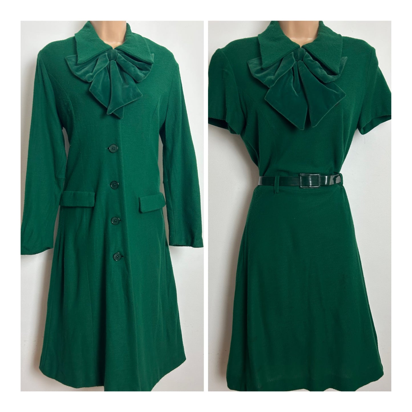 Vintage Early 1960s CARNEGIE OF LONDON Size 12 Bottle Green Velvet Bow Detail 2 Piece Dress & Jacket Suit