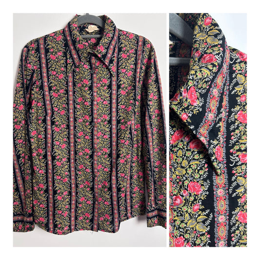 Vintage 1970s JEANNA FRANCES UK Size 12 Black Red & Cream Floral Print Long Sleeve Cotton Shirt