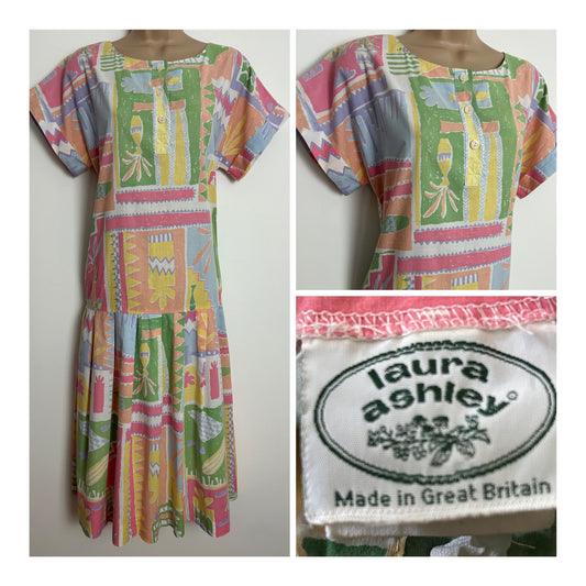 Vintage 1980s LAURA ASHLEY UK Size 10 Pastel Green Lemon Pink & Blue Abstract Pink Tunic Smock Dress