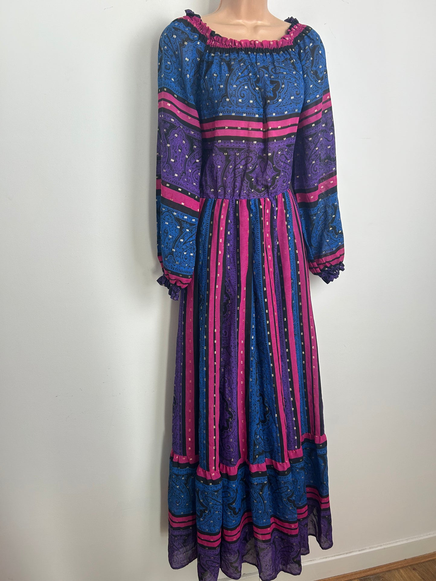 Vintage 1970s PEGGY LANE Size 10 Blue Purple Pink & Gold Stripe Lurex Occasion Dress
