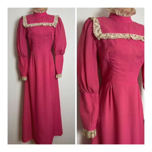 Vintage 1970s Size 6 Candy Pink & Cream Lace Trim Long Sleeve Prairie Victoriana Maxi Dress