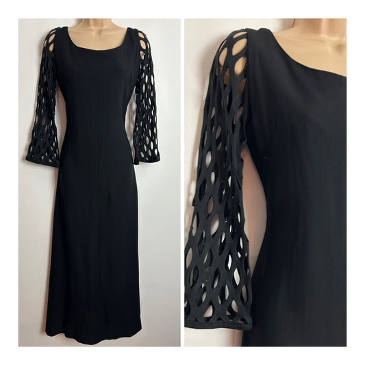 Vintage 1960s SEVENTH AVENUE UK Size 10-12 Black Cut Out Long Sleeve Detail Occasion Maxi Dress