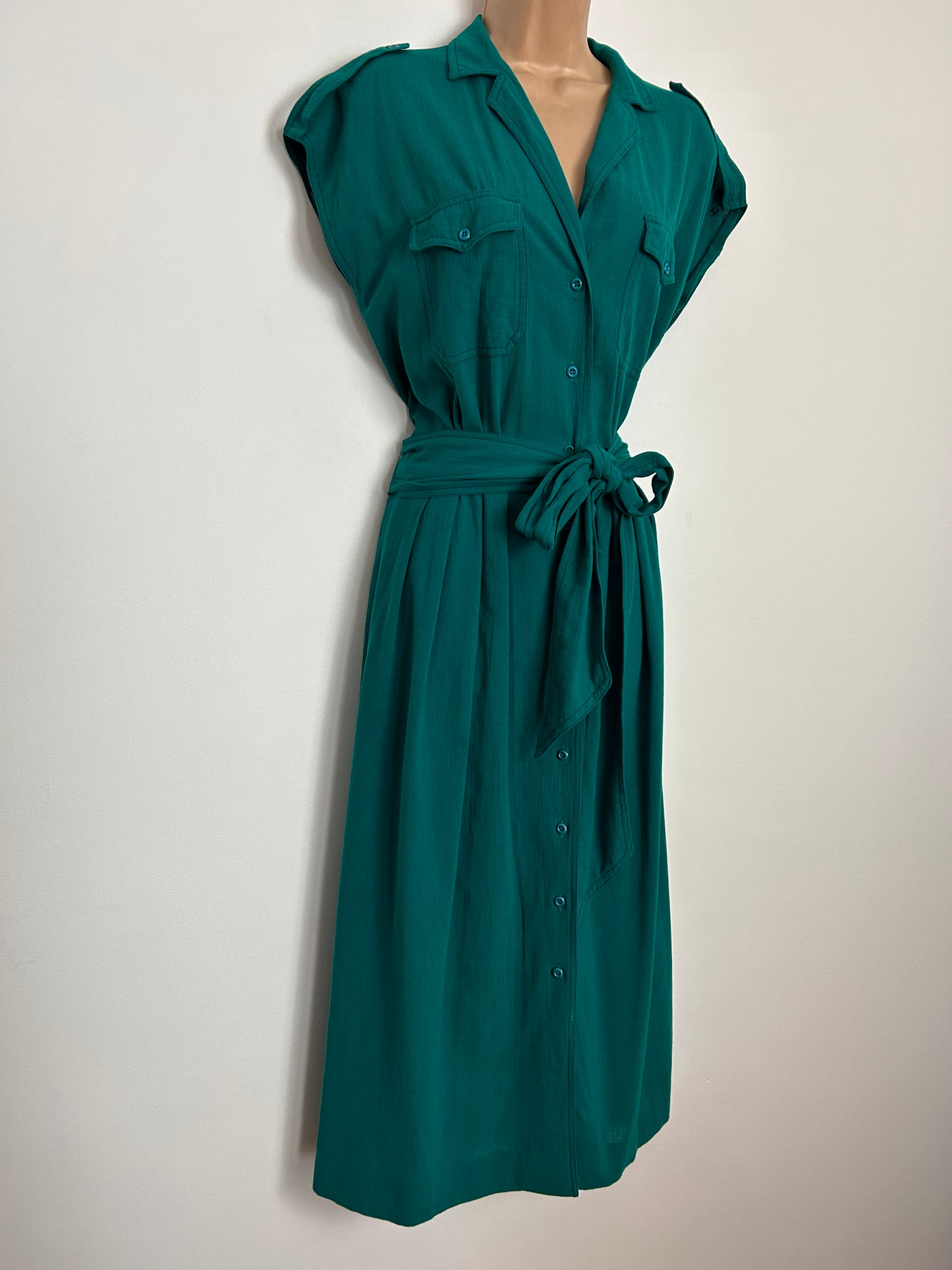 Vintage 1980s JAEGER UK Size 8 Emerald Green 100% Cotton Shirt Style Belted Midi Dress