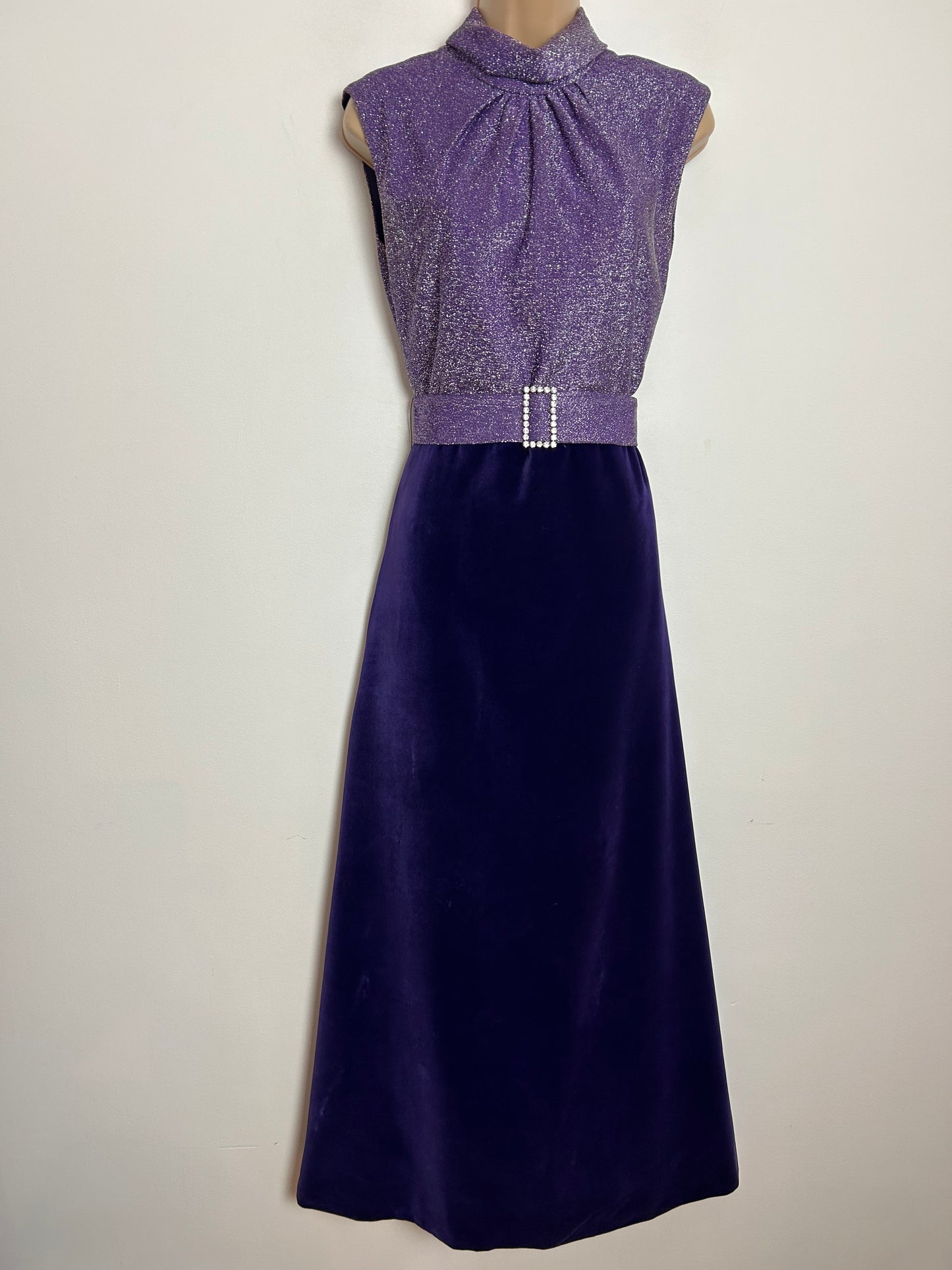 Vintage 1970s UK Size 10 Purple Velvet & Lurex Sleeveless Belted Occasion Evening Maxi Dress