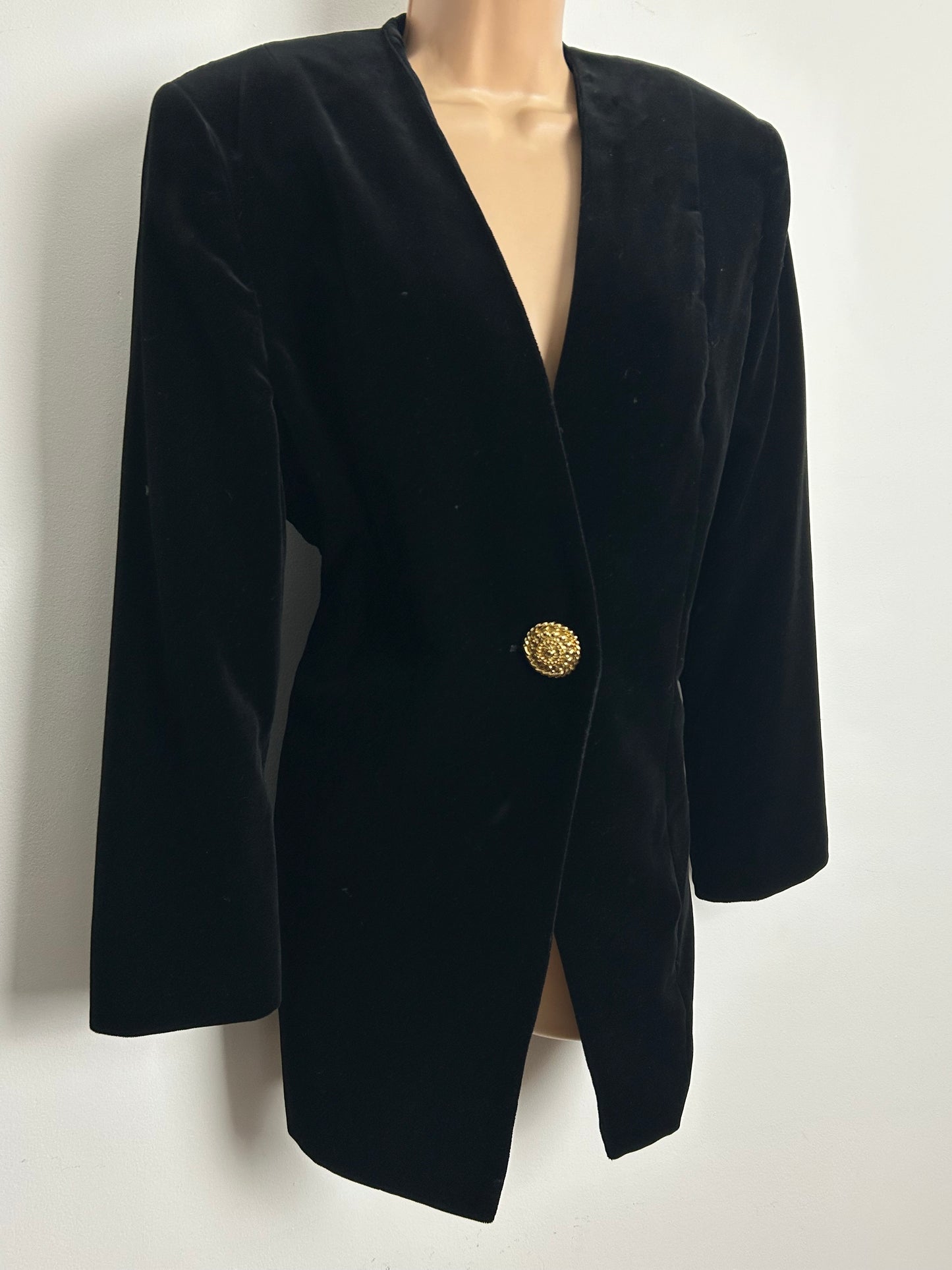 Vintage 1980s Size 14 Black Velvet Gold Button Detail Collarless Blazer