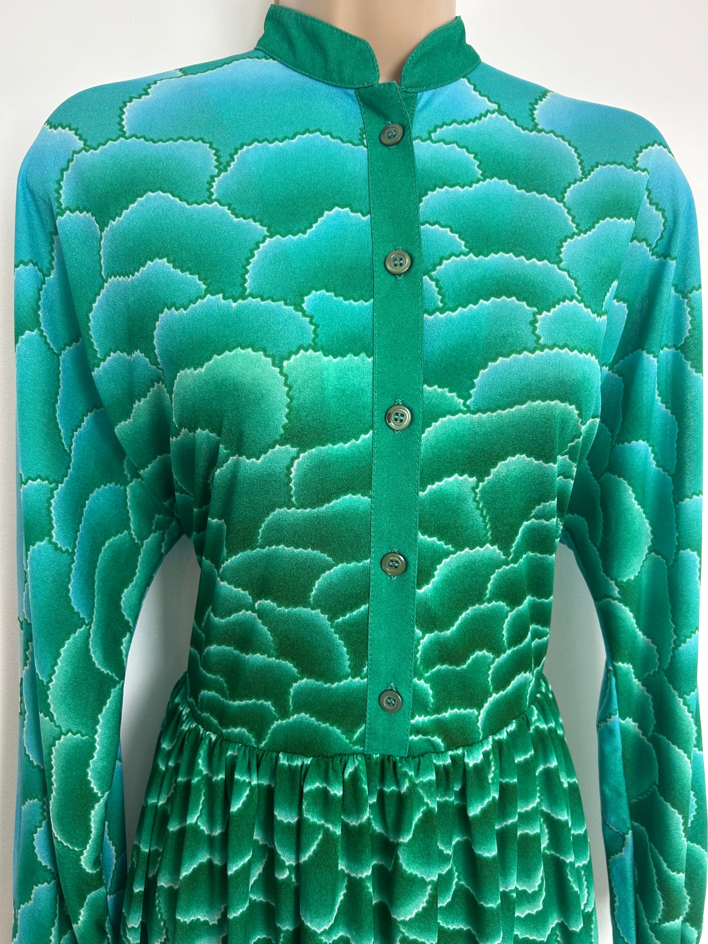 Vintage 1970s Size 12 Green & Blue Tones "Cloud" Effect Print Long Sleeve Day Dress