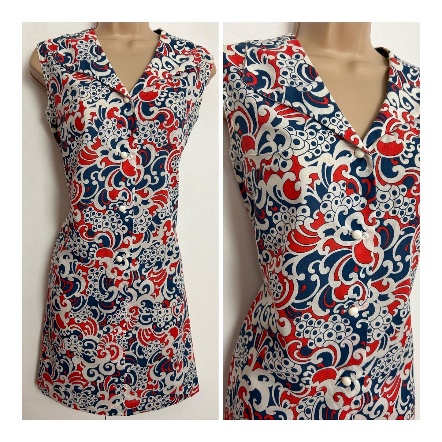 Vintage 1960s JC STYLE UK Size 10-12 Cute Blue White & Red Abstract Print Lightweight Cotton Mini Mod Dress