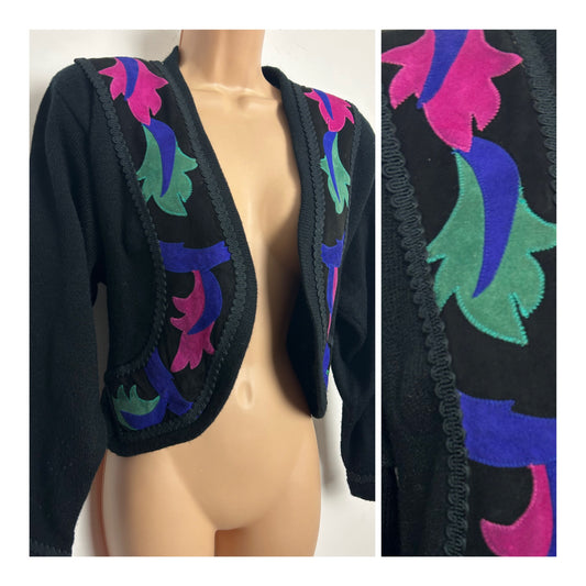 Vintage 1980s PIERANGIE Size M (UP TO 12) Black Green & Pink Faux Suede Applique Detail Shrug Style Cardigan