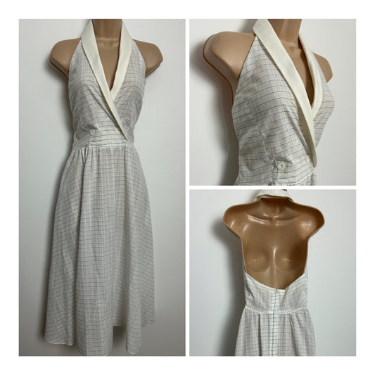 Vintage 1980s Size 8-10 White & Blue Stripe Halterneck Cotton Mix Summer Midi Dress
