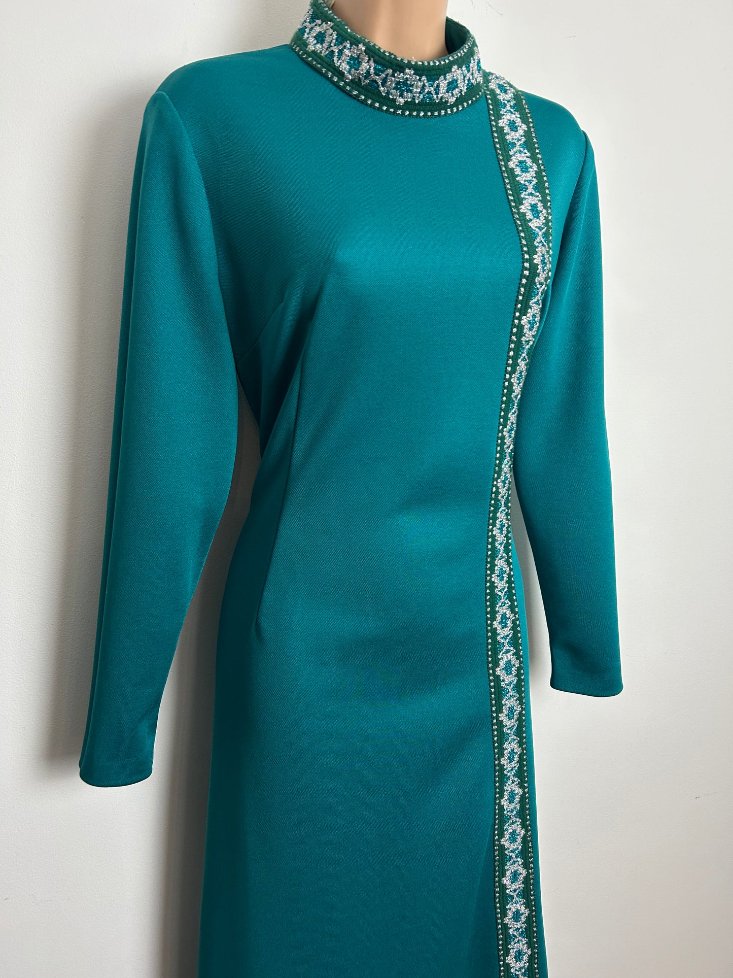 Vintage Late 1960s CARNEGIE Size 12- 14 Teal Green & Metallic Silver Braid Trim Long Sleeve Occasion Evening Maxi Dress
