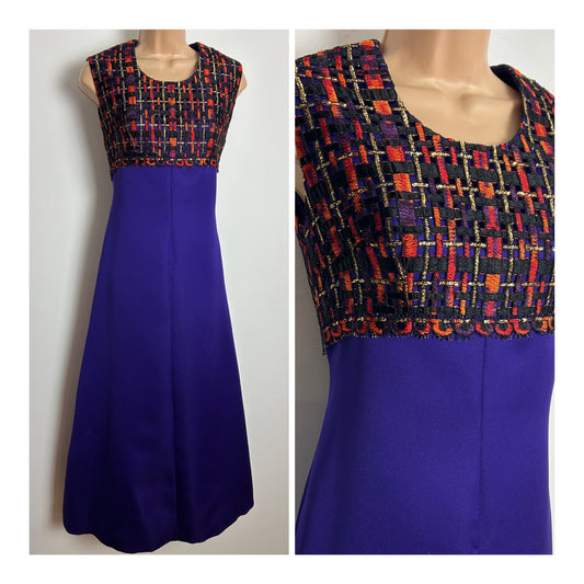 Vintage 1960s Size 8 Purple Orange & Metallic Gold Lattice Bodice Sleeveless Evening Midaxi Dress