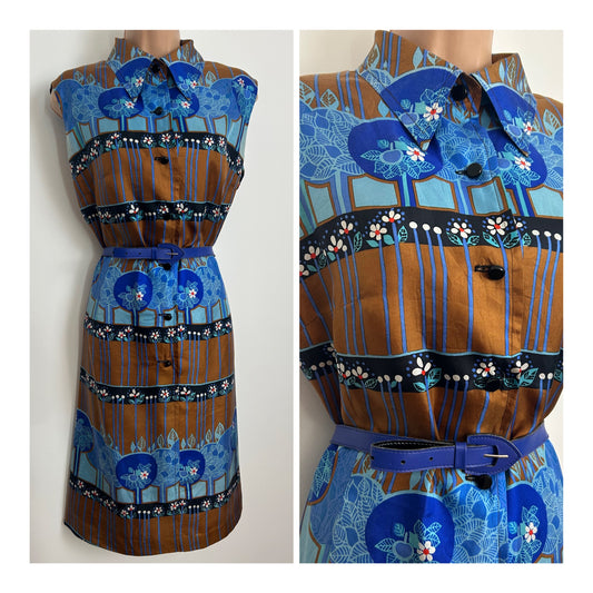 Vintage 1970s CREATION R Size 14 Brown & Blue Abstract Floral & Tree Print Sleeveless Mod Shift Dress