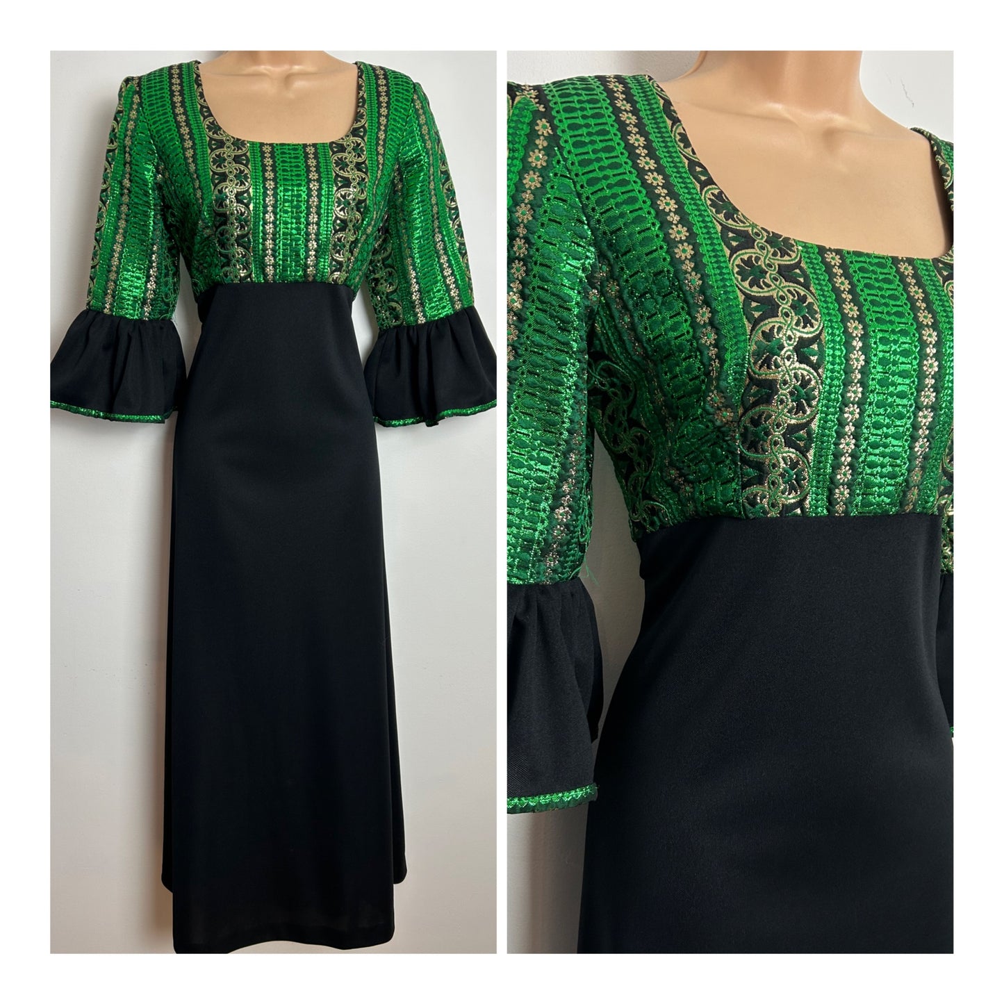 Vintage 1970s Size 10 Black Green & Gold Metallic Brocade Bodice Flared Cuff Xmas Party Evening Maxi Dress