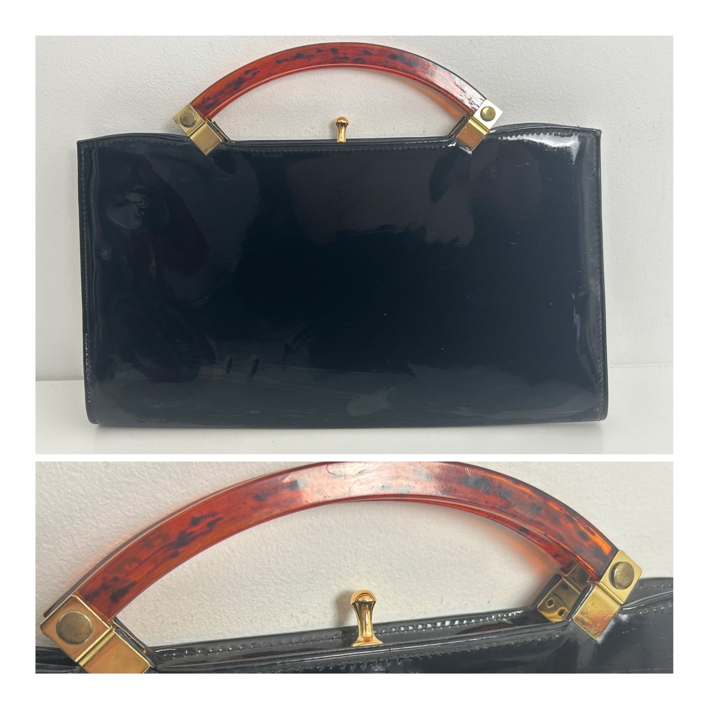 Vintage 1960s ESSELL Fabulous Black Patent Tortoiseshell Handles Oblong Handbag