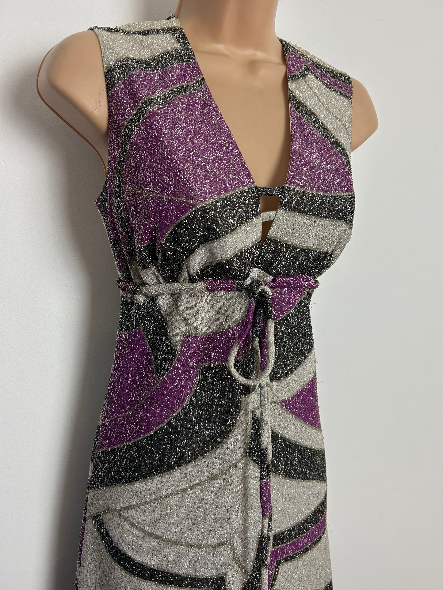 Vintage 1970s Size 6-8 Grey Silver & Purple Tones Abstract Print Lurex Occasion Evening Maxi Dress