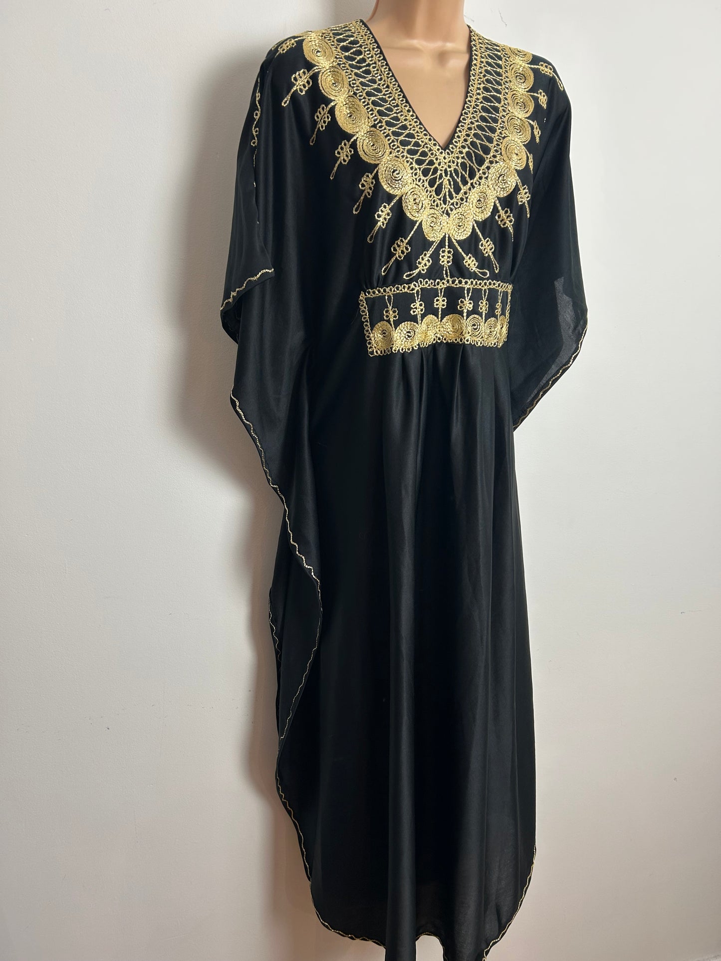Vintage 1980s Up To Size 18 Black & Gold Embroidered Detail Maxi Length Kaftan