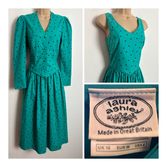 Vintage 80s LAURA ASHLEY UK Size 6-8 (Size 10 On Label) Green & Black Polka Dot Print Cotton Dress & Matching Bolero Jacket