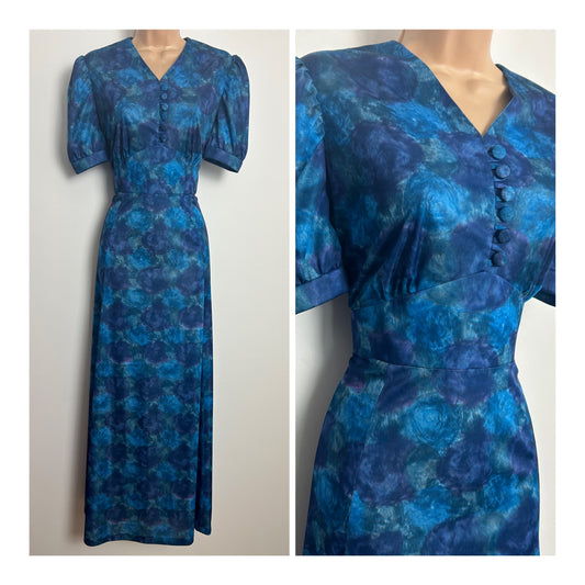 Vintage 1970s Size 12 Blue Tones Abstract Floral Type Print Short Sleeve Maxi Dress