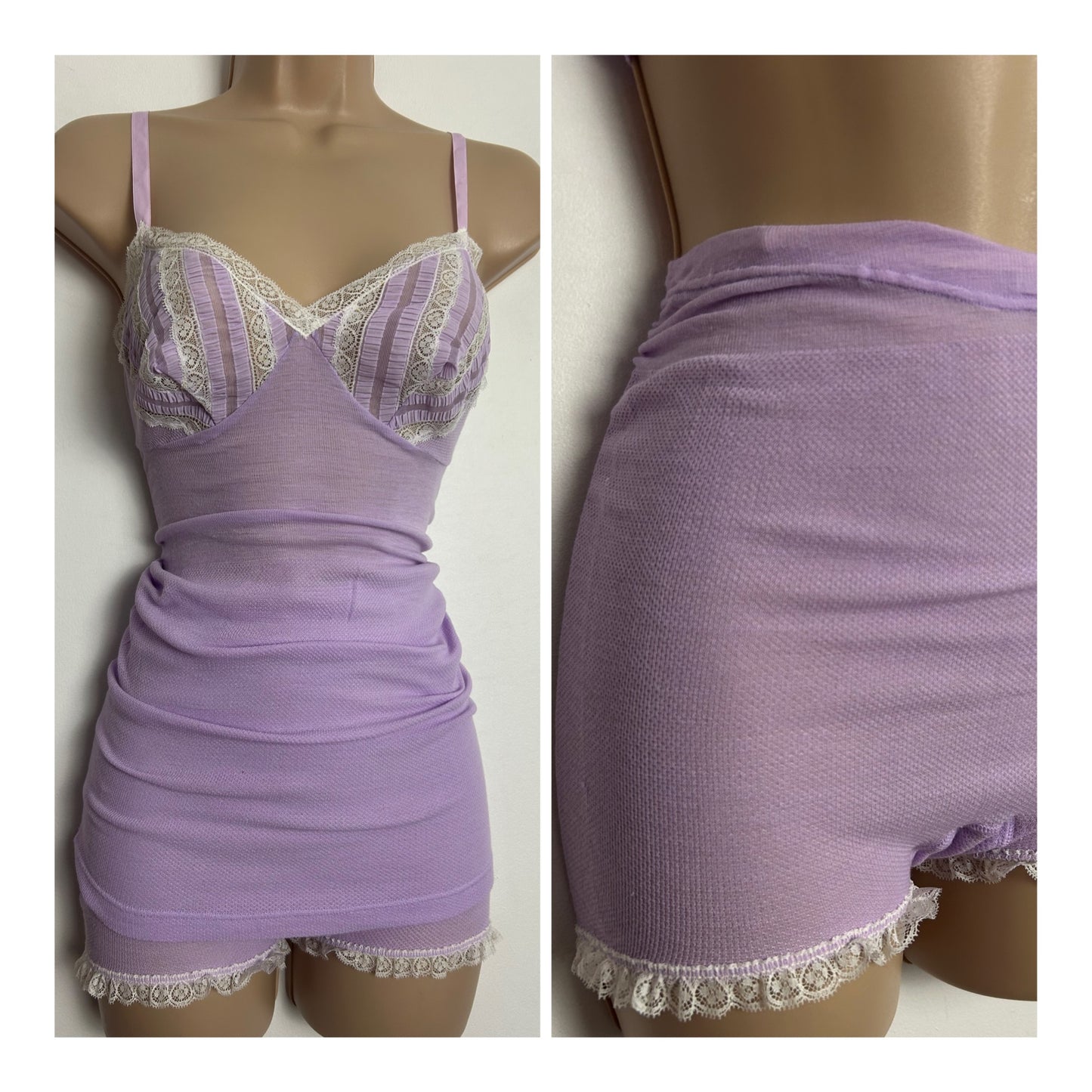 Vintage CHARMOR Size 6-10 Cute Pale Lilac & White Lace Trim Nightwear Sleep Set