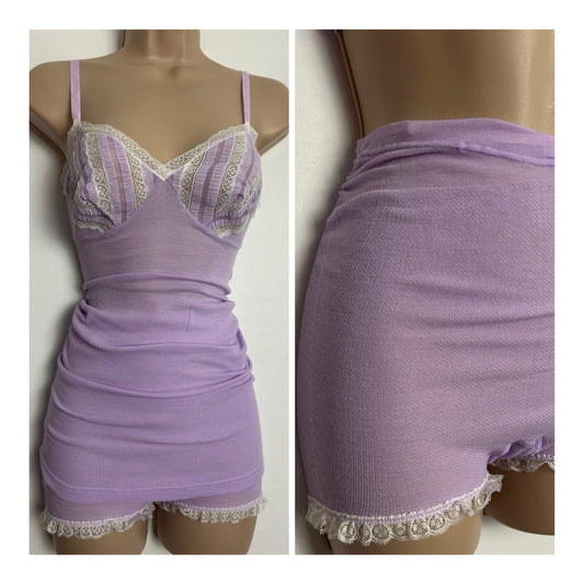 Vintage CHARMOR Size 6-10 Cute Pale Lilac & White Lace Trim Nightwear Sleep Set