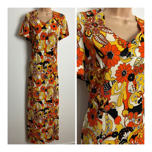 *DAMAGED* Vintage 1970s Size 10-12 Orange Yellow & White Psychedelic Floral Print Short Sleeve Maxi Dress