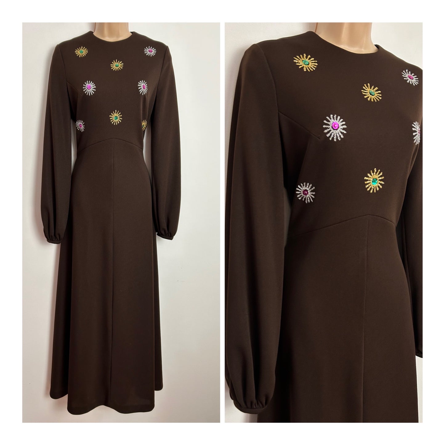 Vintage 1970s CARNEGIE OF LONDON UK Size 10-12 Chocolate Brown Gold & Silver Embroidered Detail Occasion Maxi Dress