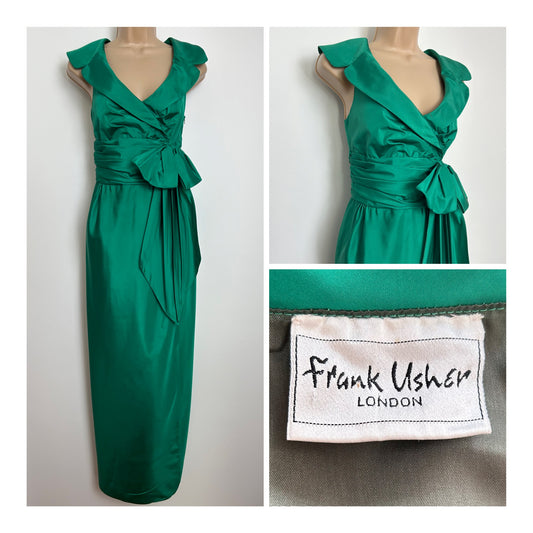 Vintage 1980s FRANK USHER Size 10/12 Emerald Green Shawl Collar Bow Detail Cocktail Dress