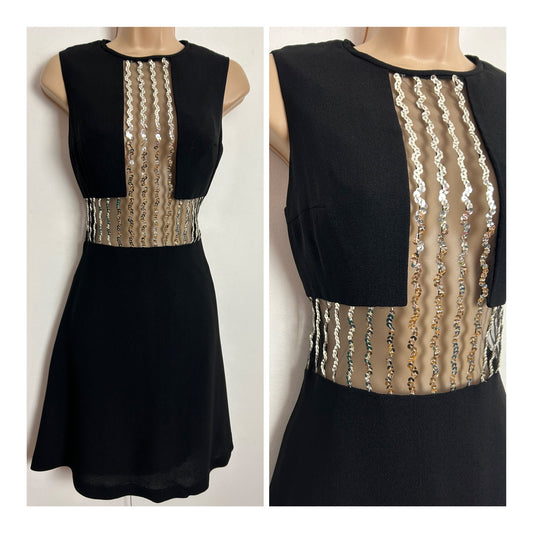 Vintage 1960s JOBI UK Size 8 Black Mesh & Sequin Panelled Mod Party Occasion Shift Dress