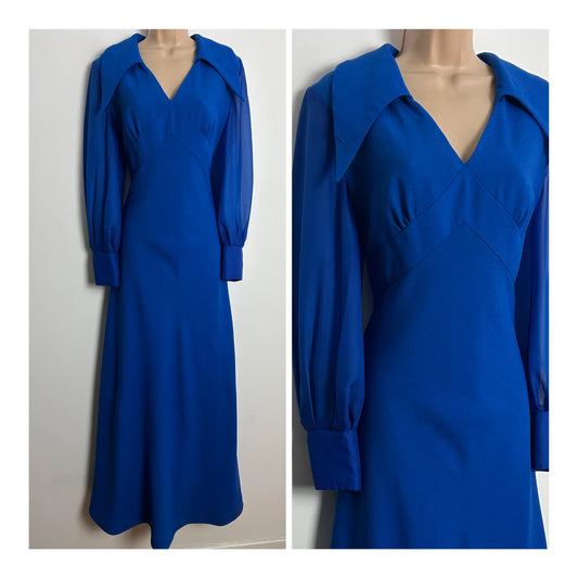 Vintage 1970s UK Size 14 Royal Blue Dagger Collar Long Chiffon Sleeve Occasion Evening Maxi Dress