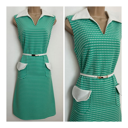 Vintage Early 1970s CALIFORNIA "THE LOOK YOU LOVE" Size 8 Mint Green & White Check Pattern Belted Mod Dress