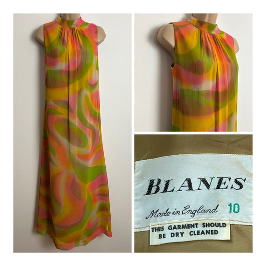 Vintage 1960s BLANES UK Size 8 Gorgeous Orange Green Yellow & Pink Silk Crepe Trapeze Occasion Maxi Dress