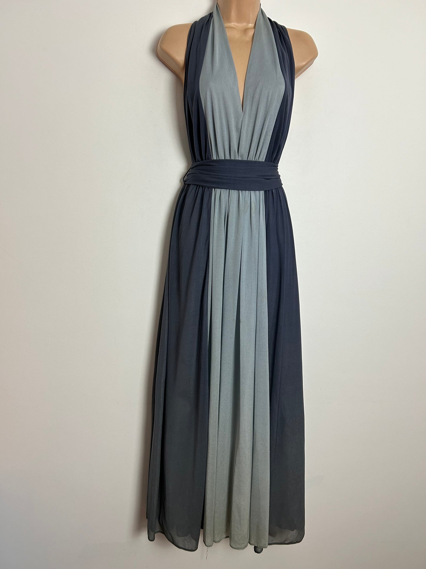 Vintage Late 1970s UK Size 8 Grey Tones Sleeveless Belted Occasion Evening Maxi Dress