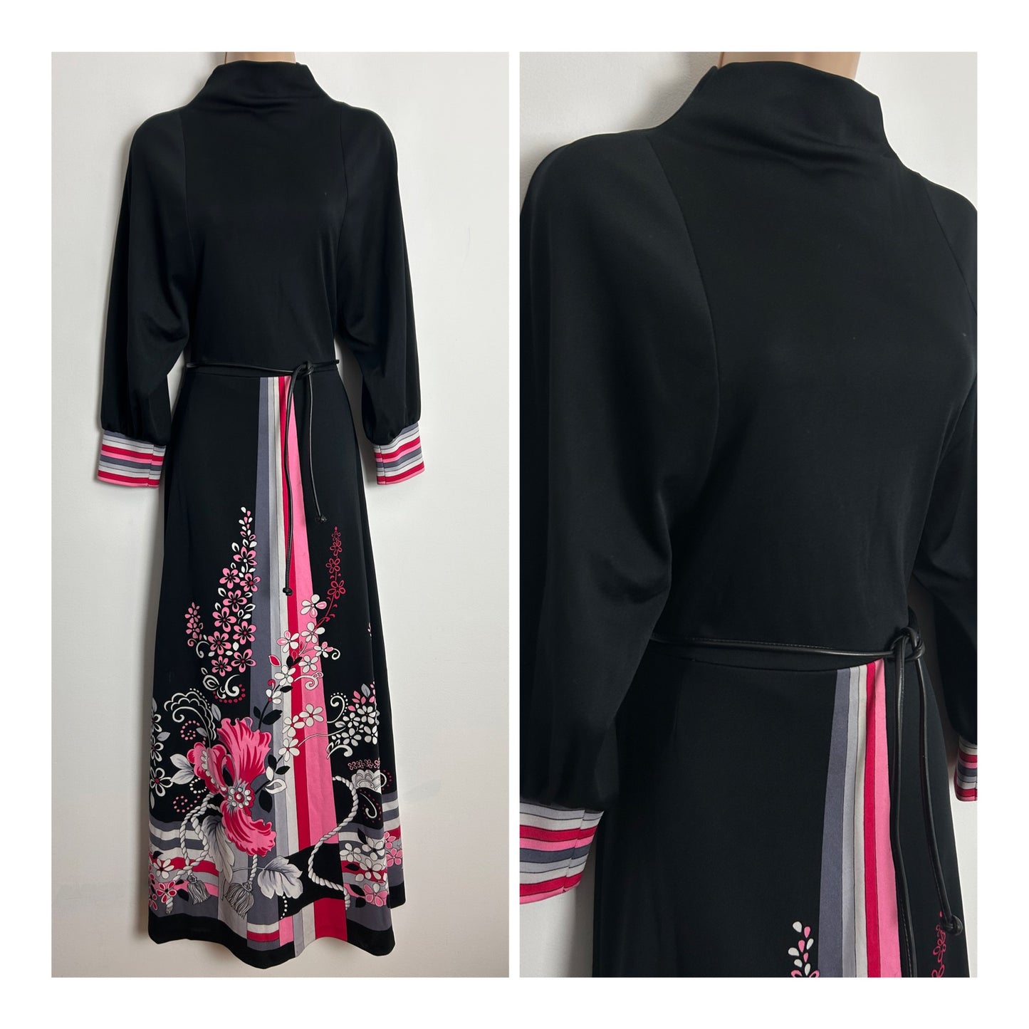 Vintage 1970s ALCRON UK Size 6-8 Black Pink Grey & White Floral & Stripe Print Maxi Dress