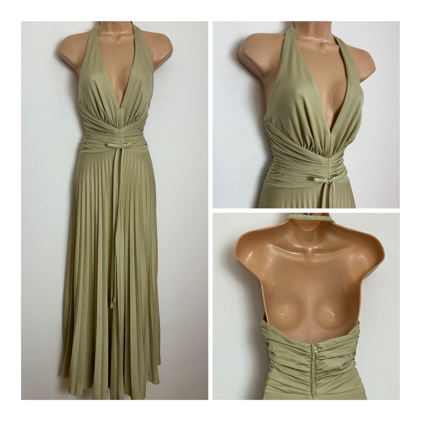Vintage 1970s JOHN CHARLES UK size 8 Pale Sage Green Halterneck Occasion Maxi Dress
