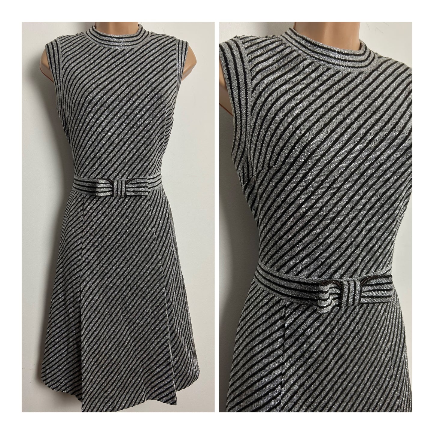 Vintage 1960s Size 12 Silver & Brown Lurex Stripe Bow Detail Mod Party Dress